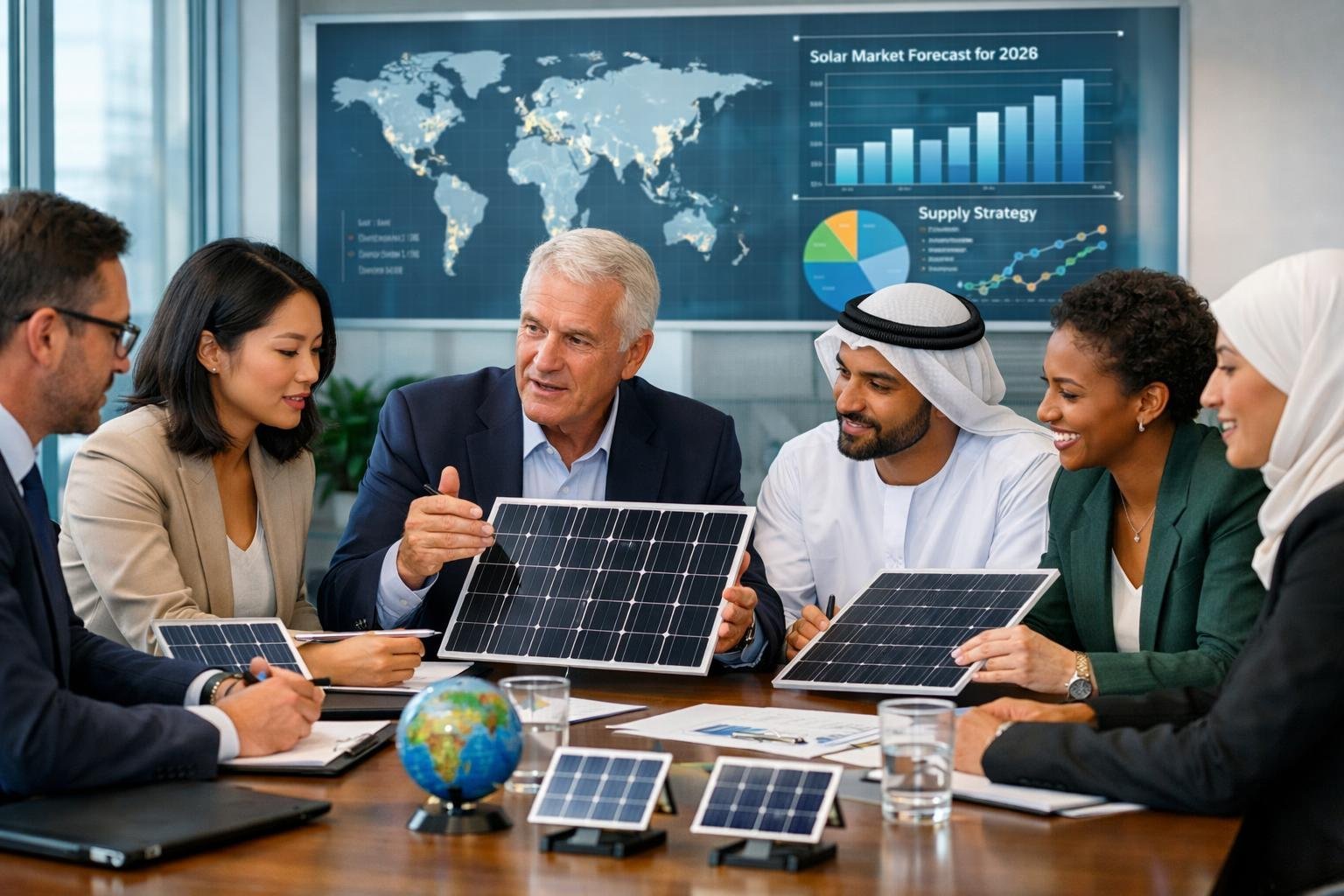 A group of business professionals meeting around a table, examining solar panels and discussing global sourcing strategies.